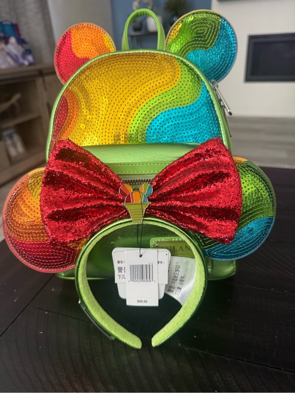 NWT Disney Parks Aulani Snow Cone Rainbow Sequin Loungefly Ears & Mini Backpack